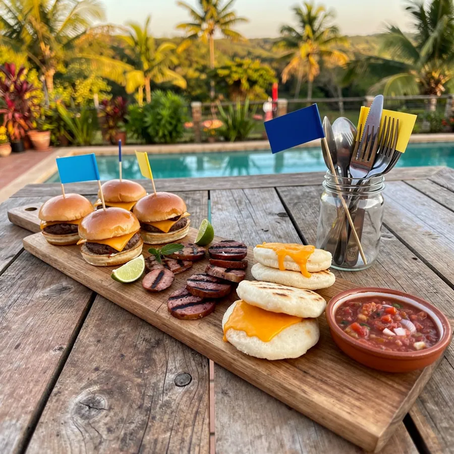 Burger sliders beside arepas and chorizo