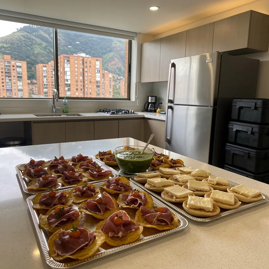 Catering trays ready in rented apartment kitchen Catering trays ready in rented apartment kitchen