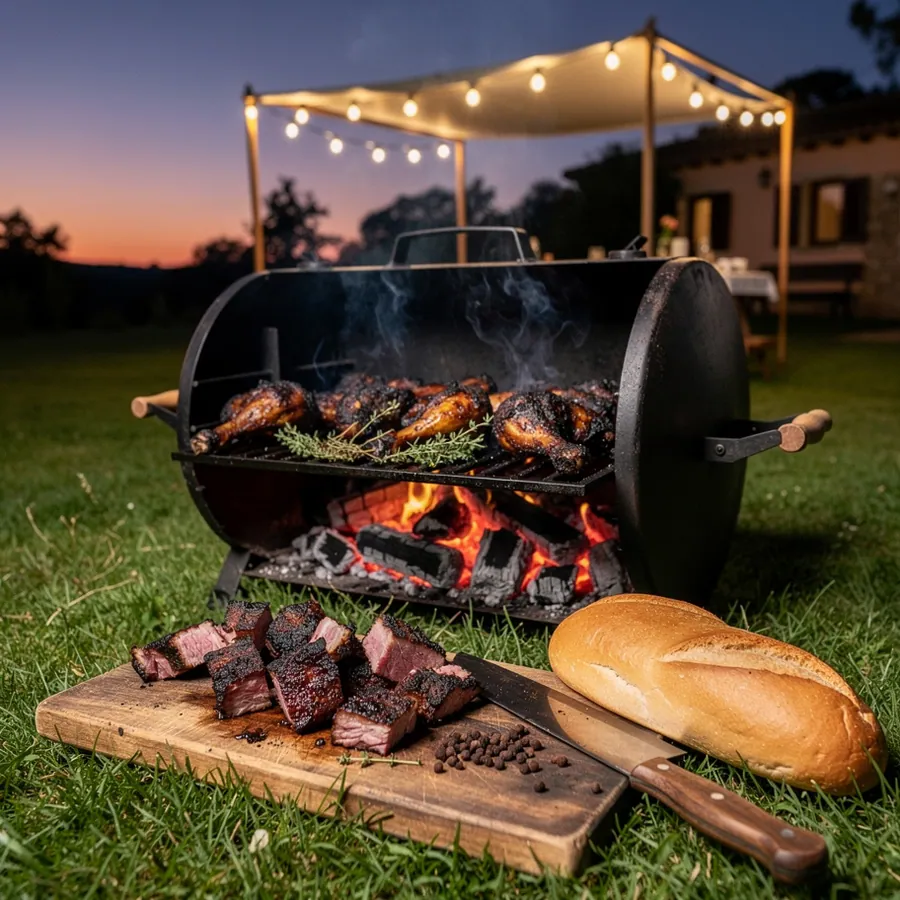 Charcoal jerk grill station at finca