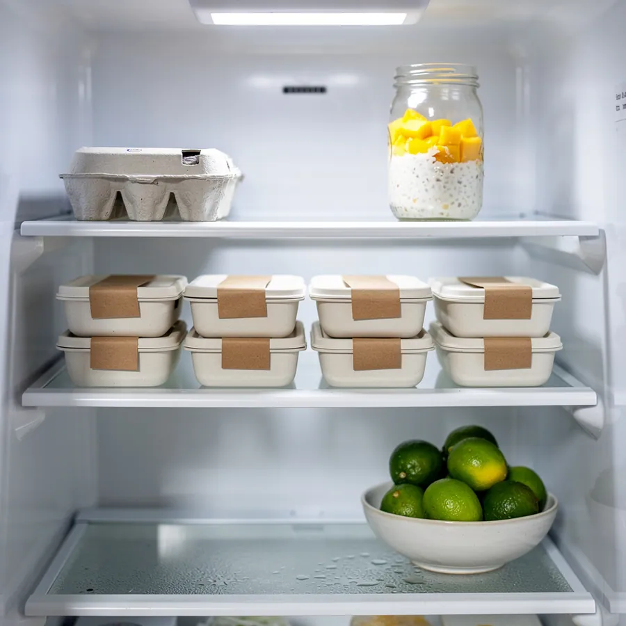 Chilled meal prep stacked in refrigerator Chilled meal prep stacked in refrigerator
