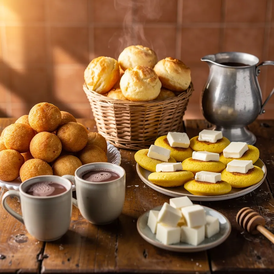 Colombian algo with pandebono and chocolate