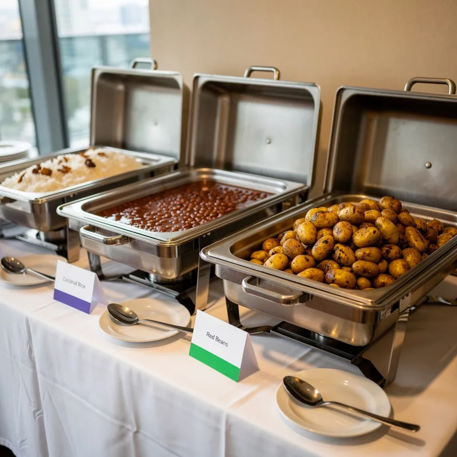 Color-coded allergen cards beside chafing dishes