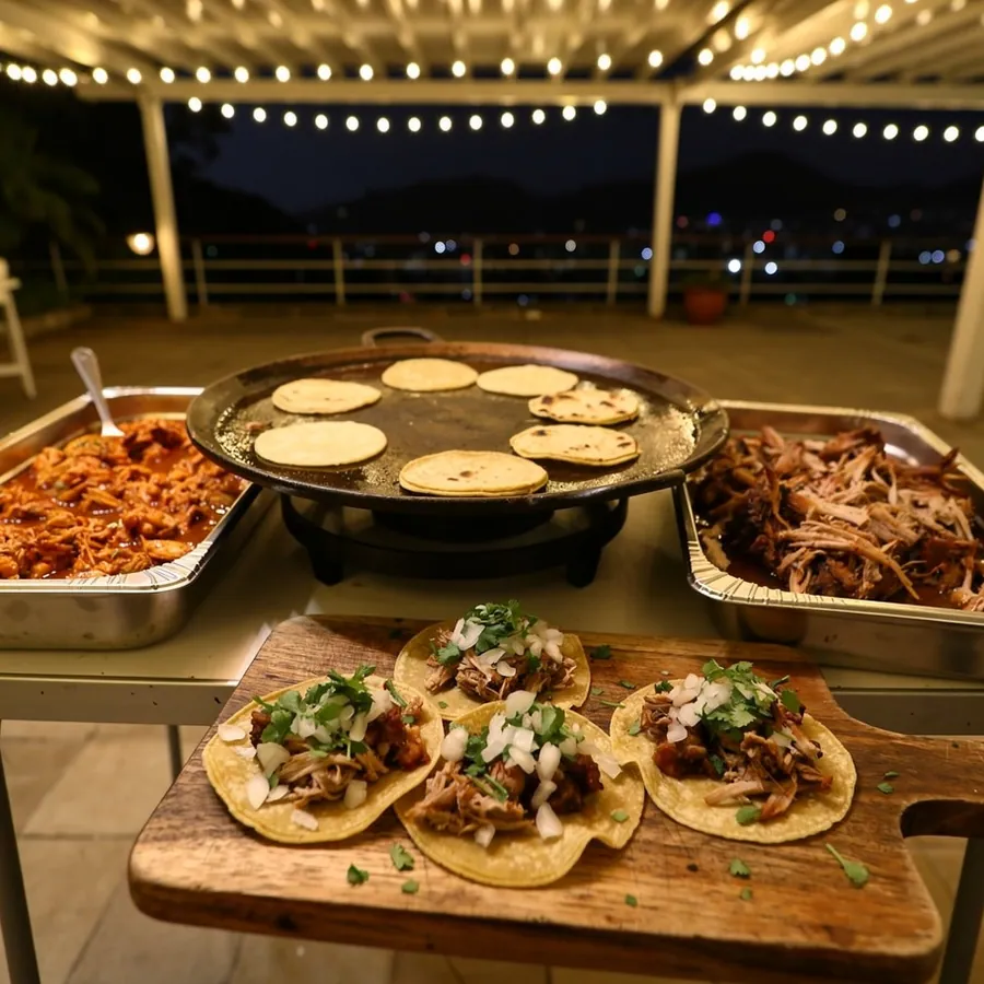 Corn tortillas warming on taco station comal