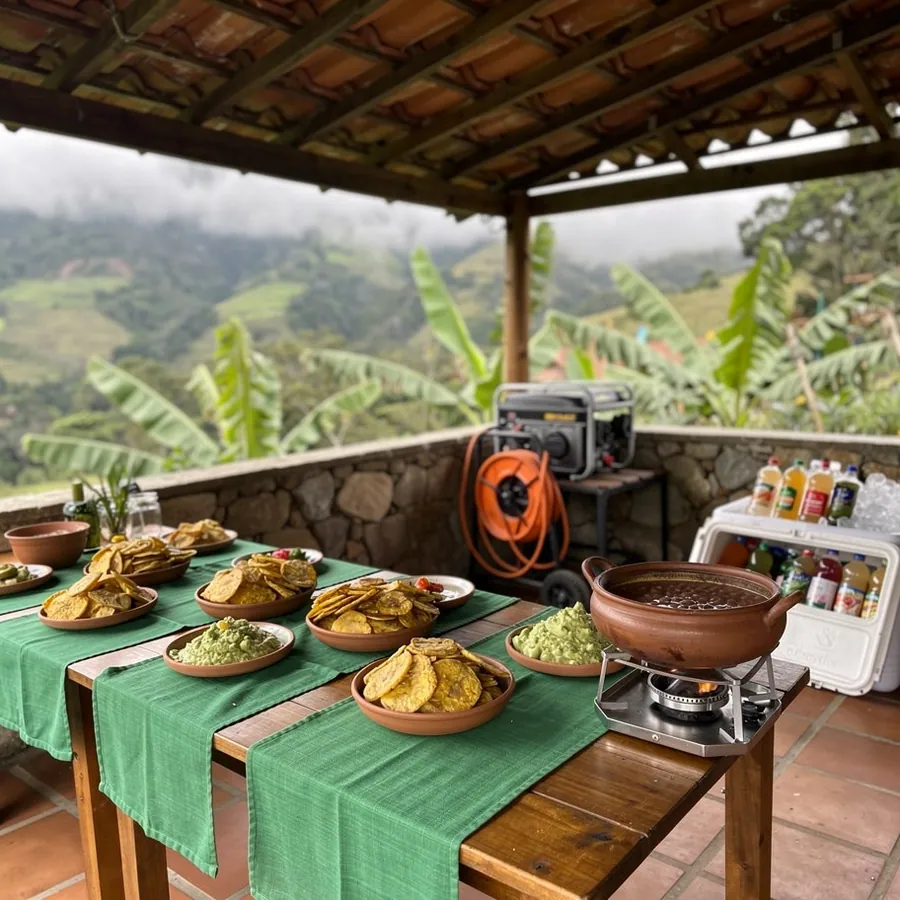 Covered finca terrace set for family party