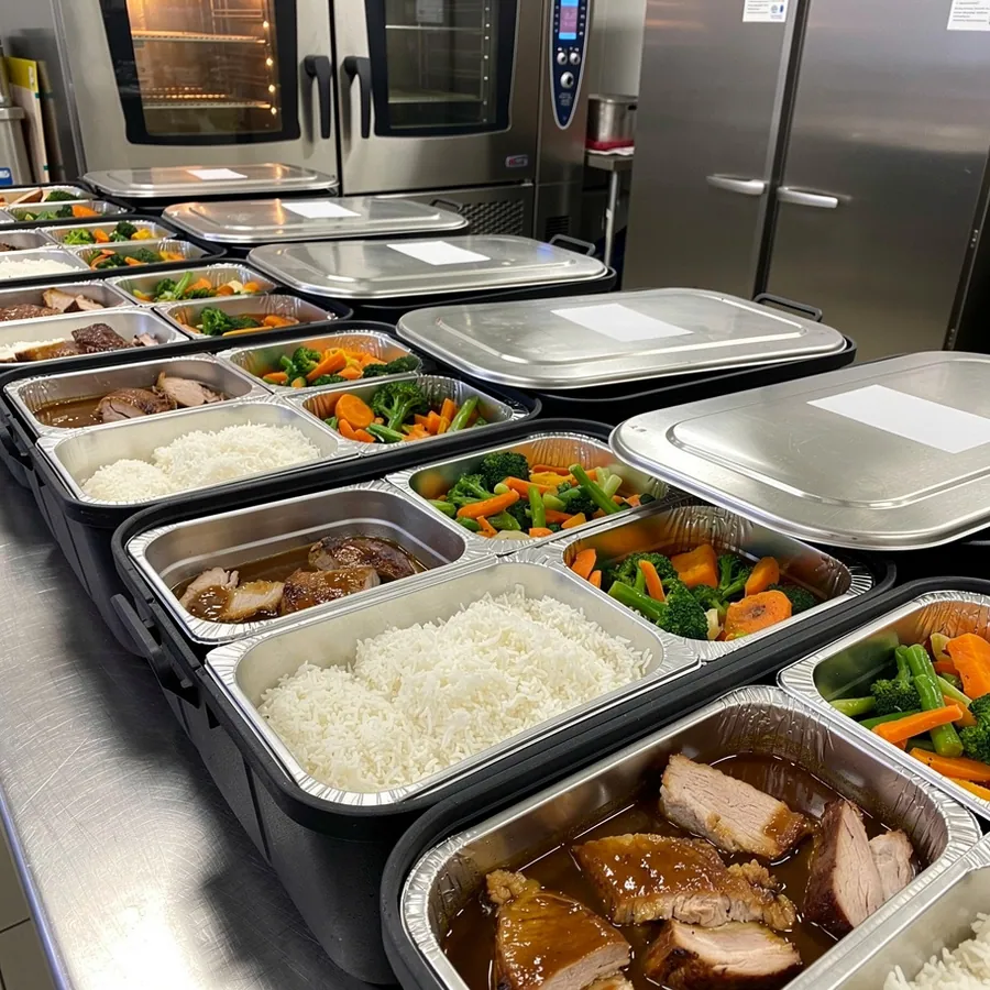 Covered hotel pans packed in insulated carriers Covered hotel pans packed in insulated carriers