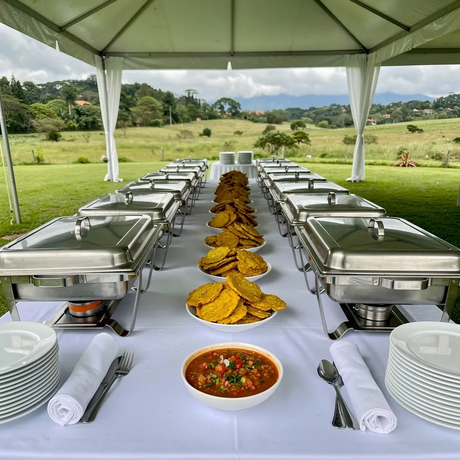 Double-sided buffet table layout outdoors