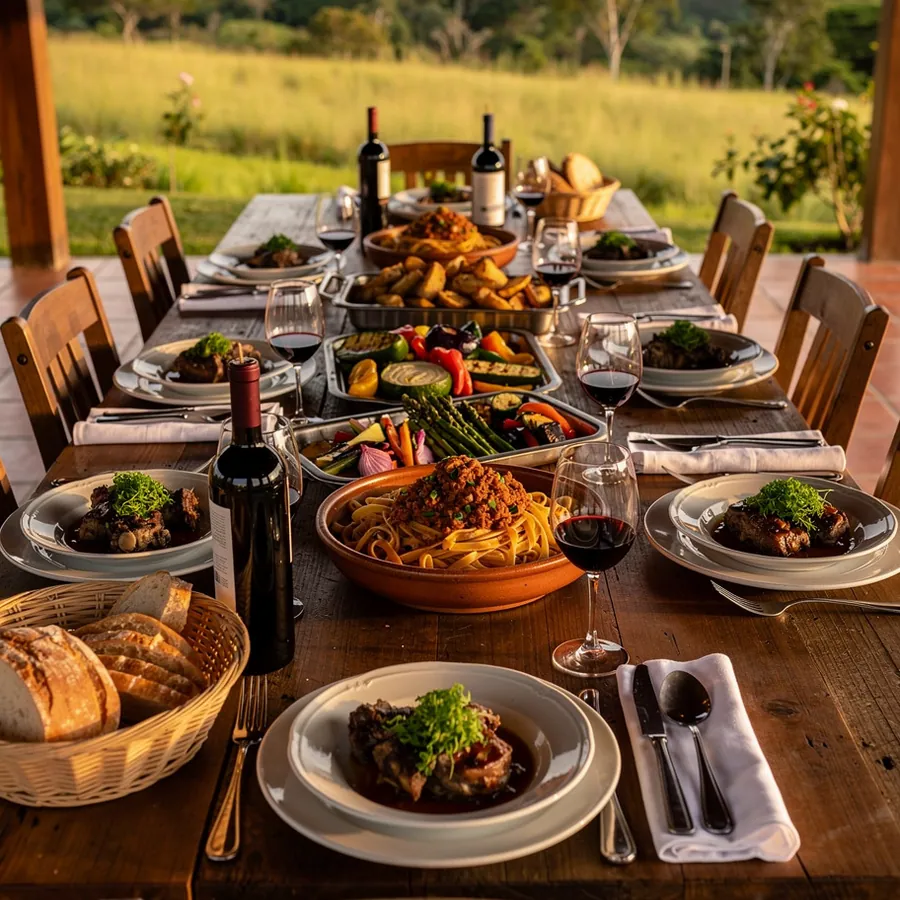 Family-style Italian platters on long table