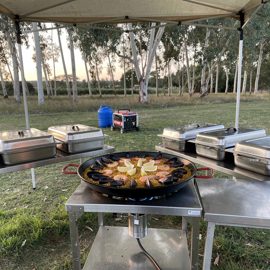 Field kitchen paella pan at rural venue