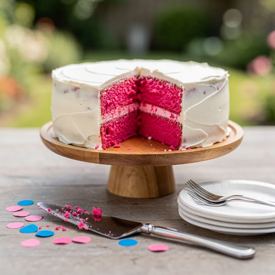 Gender reveal cake sliced pink sponge