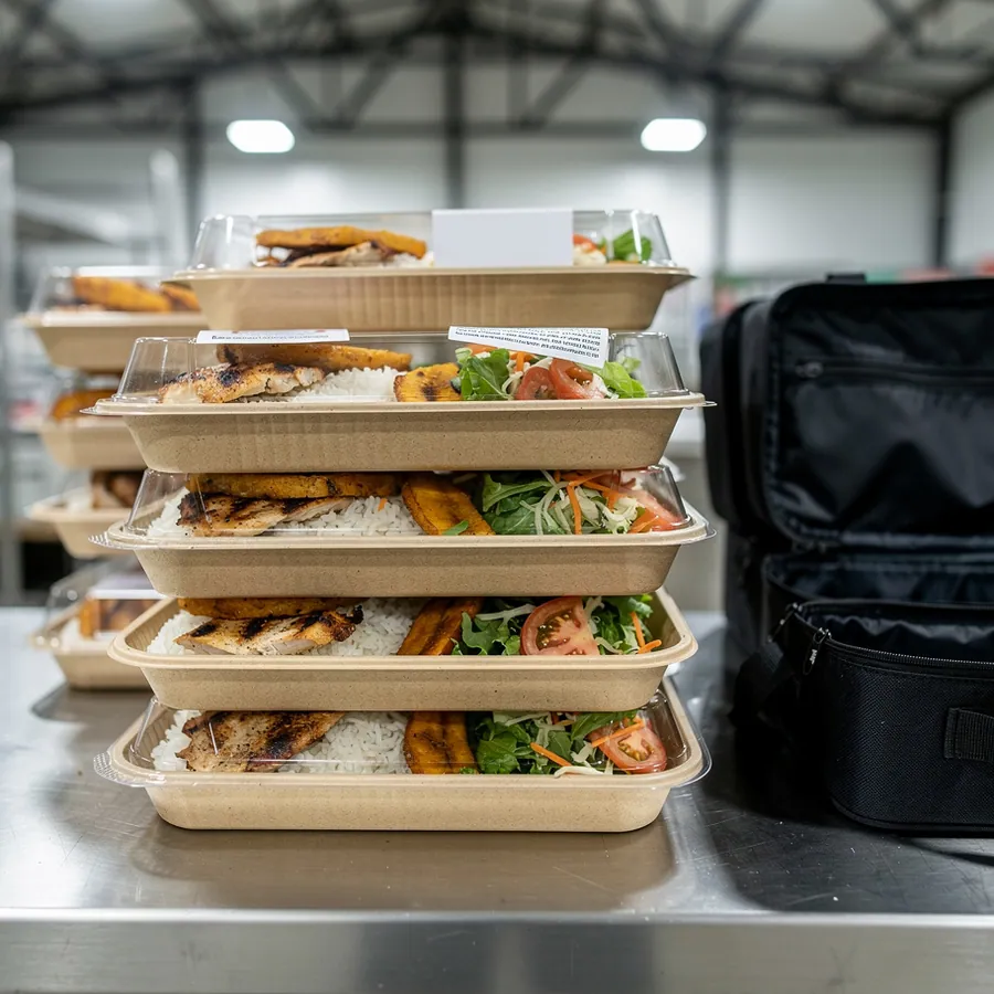 Labeled hot lunch boxes for shift workers
