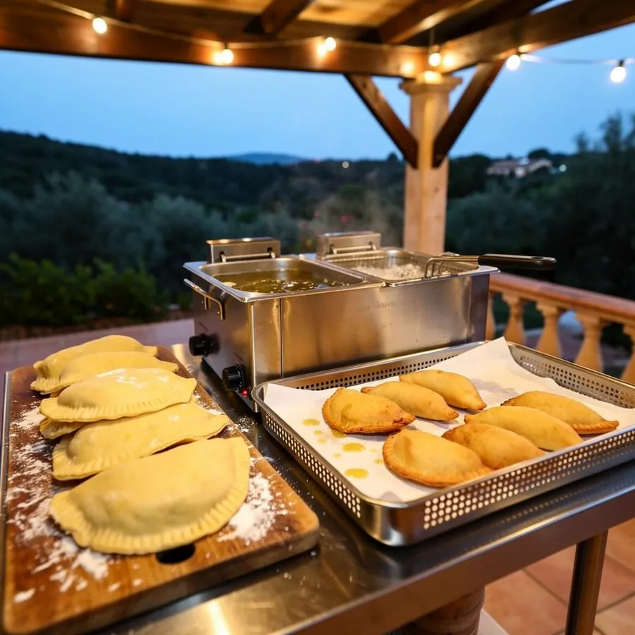 Live empanada frying station at evening party