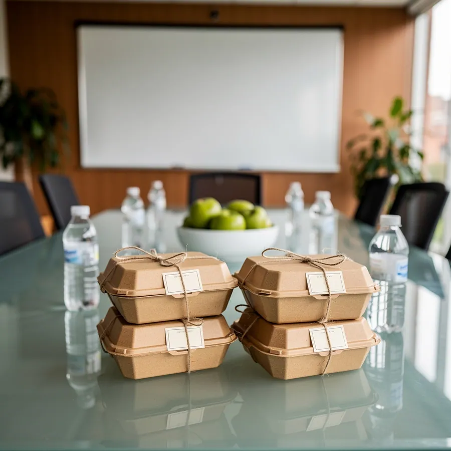 Lunch boxes on a glass conference table