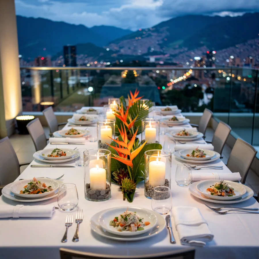 Penthouse terrace dinner table with city lights