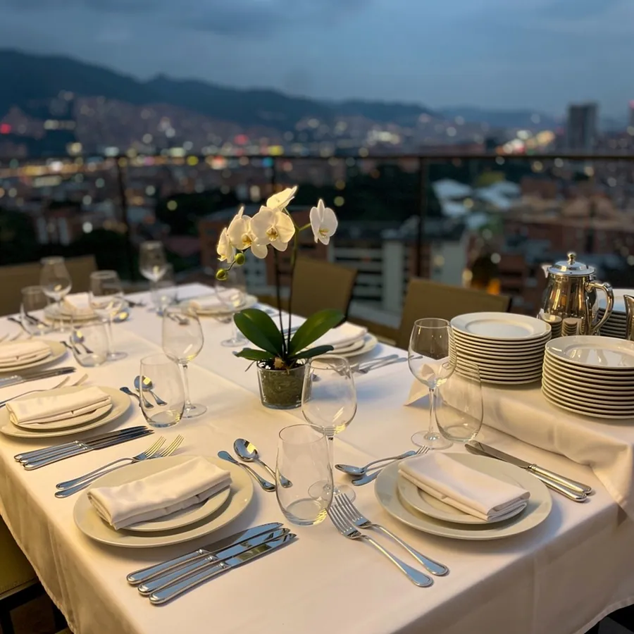 Plated dinner table set on hotel terrace Plated dinner table set on hotel terrace