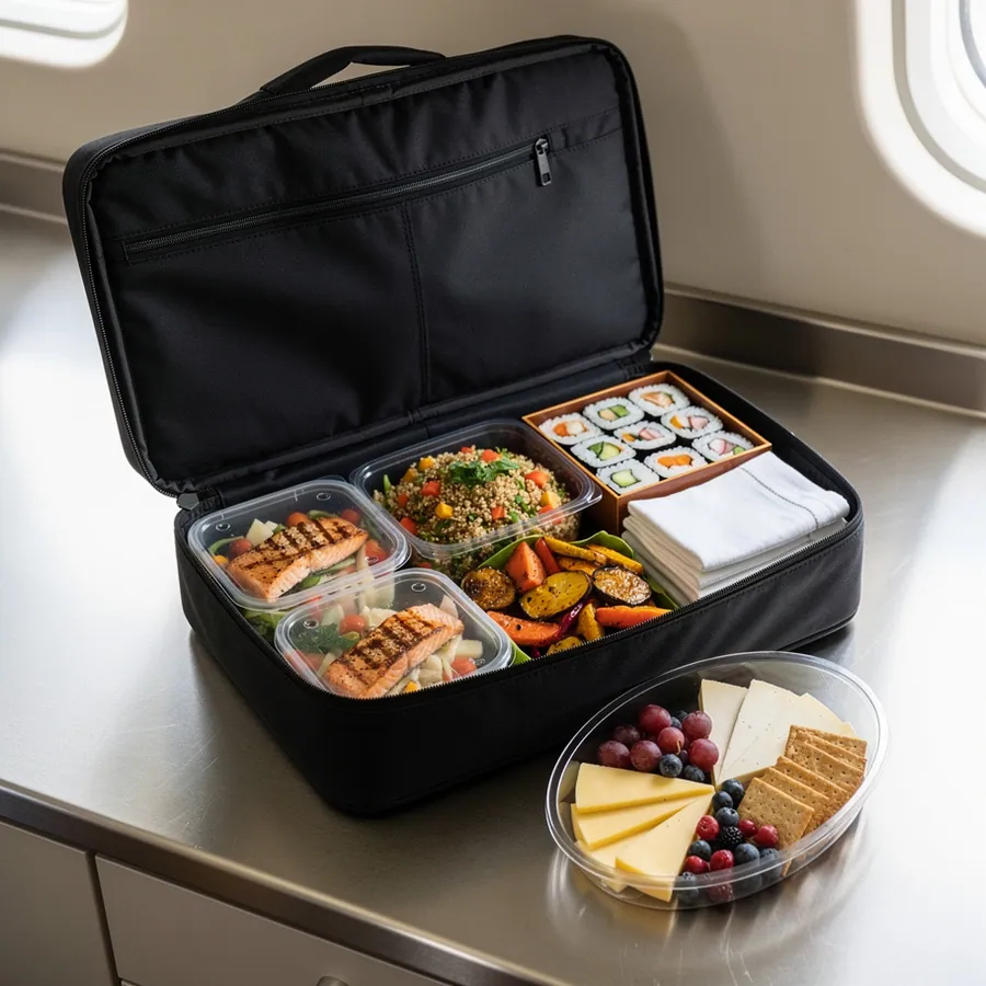Private jet meal trays in insulated carrier