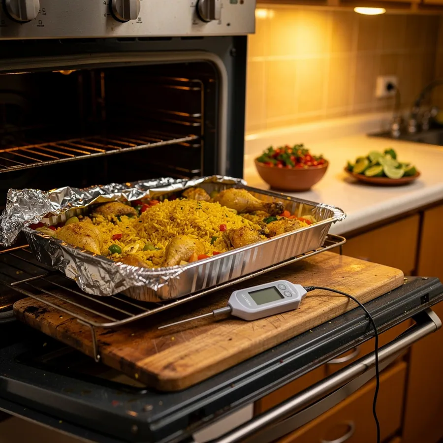 Reheated catering tray in home oven