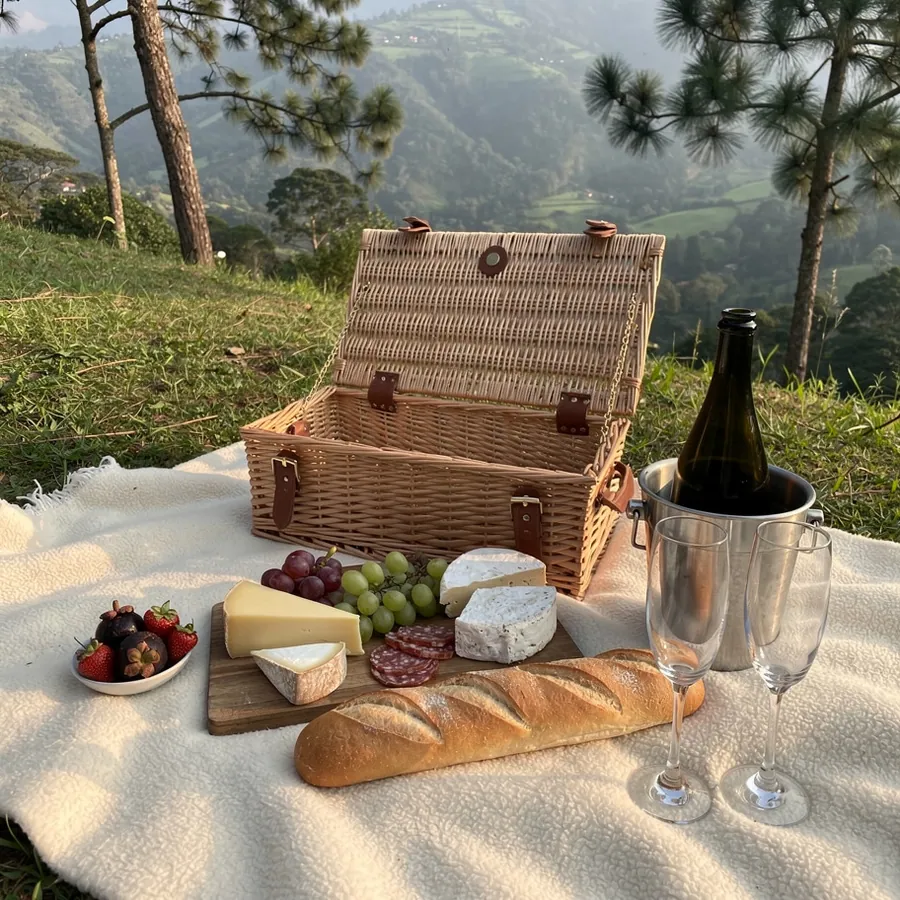 Romantic picnic basket on garden blanket Romantic picnic basket on garden blanket