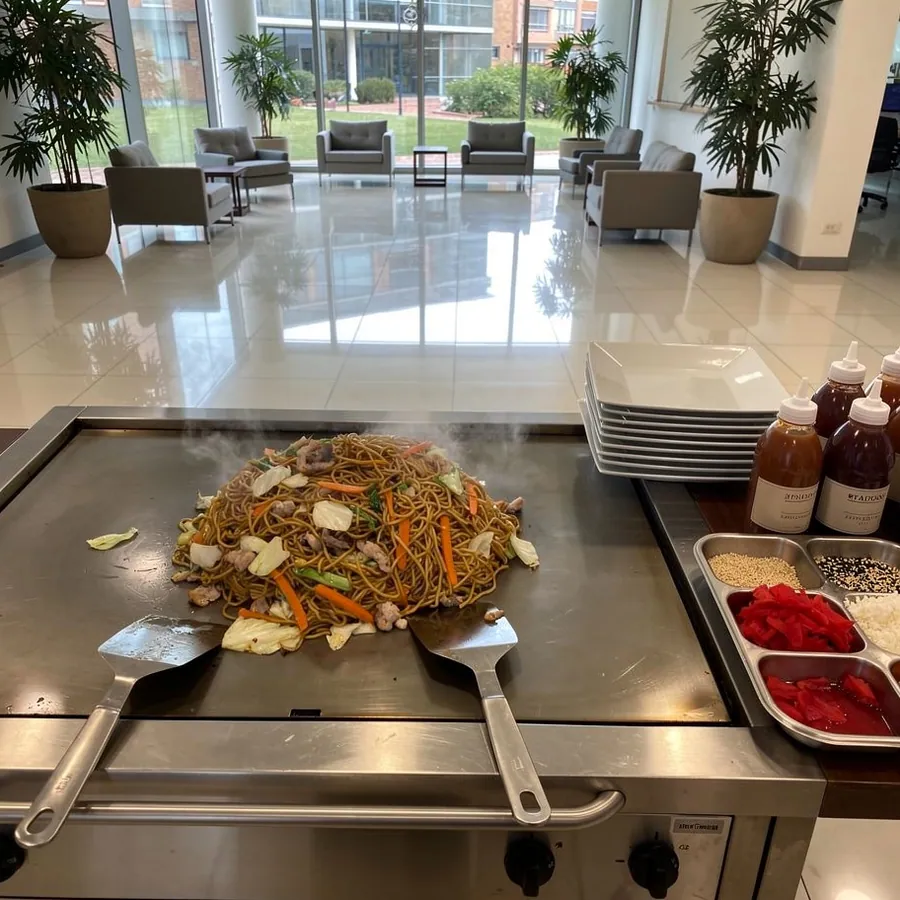 Teppanyaki griddle with yakisoba and vegetables