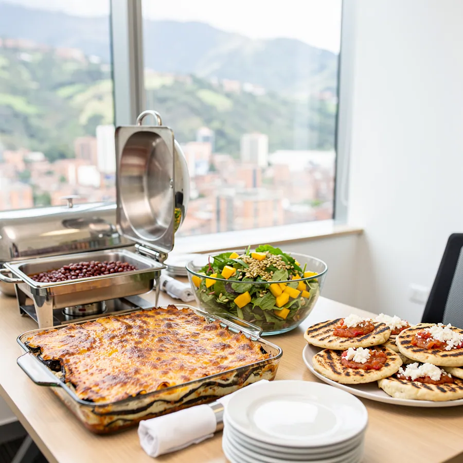 Vegetarian buffet with eggplant lasagna trays