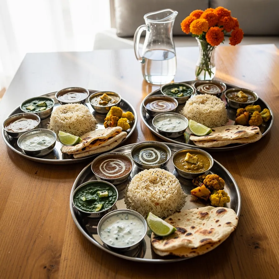 Vegetarian thali plates with paneer and dal