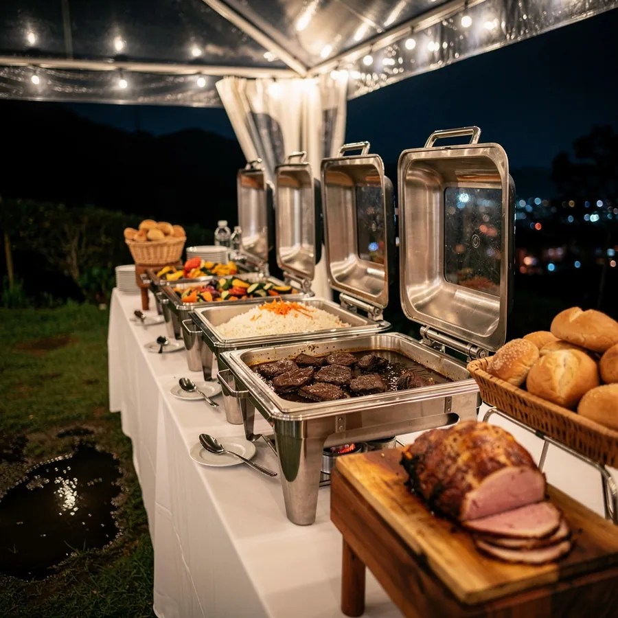 Wedding buffet under clear tent at night