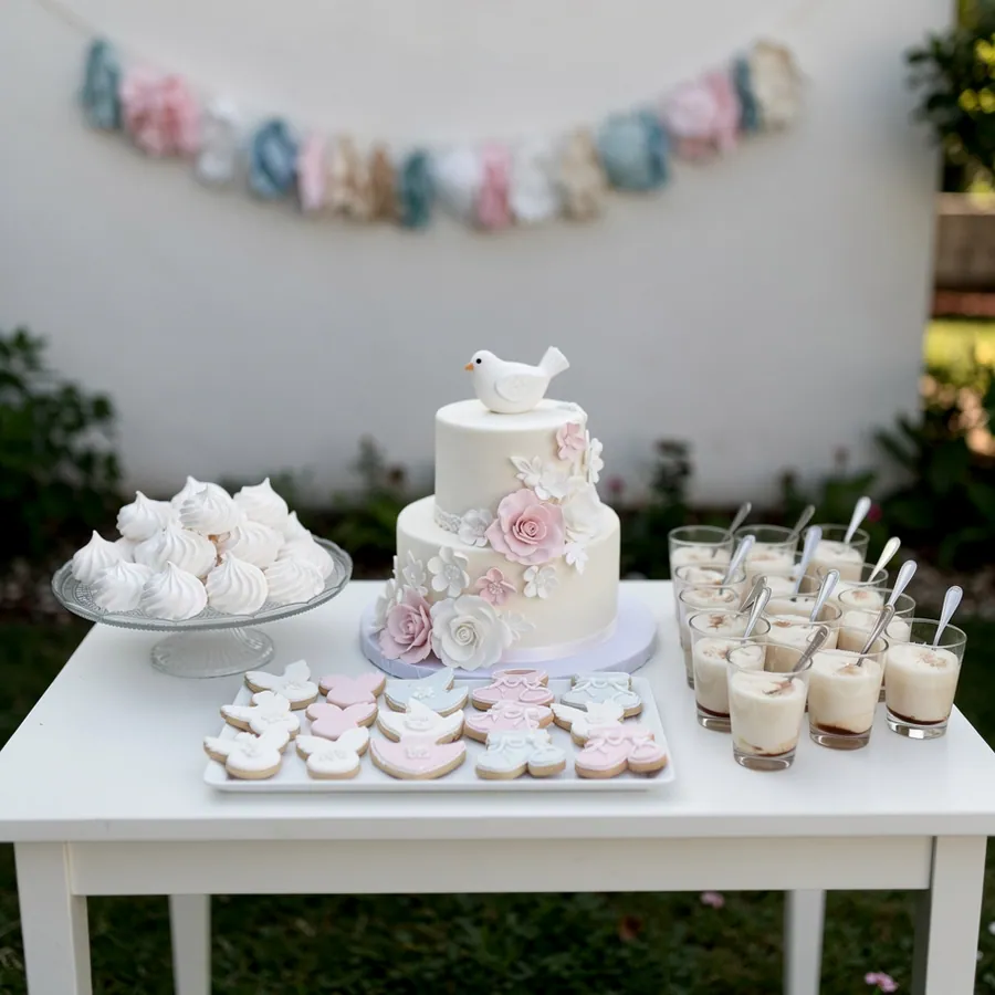 White christening cake and iced cookies